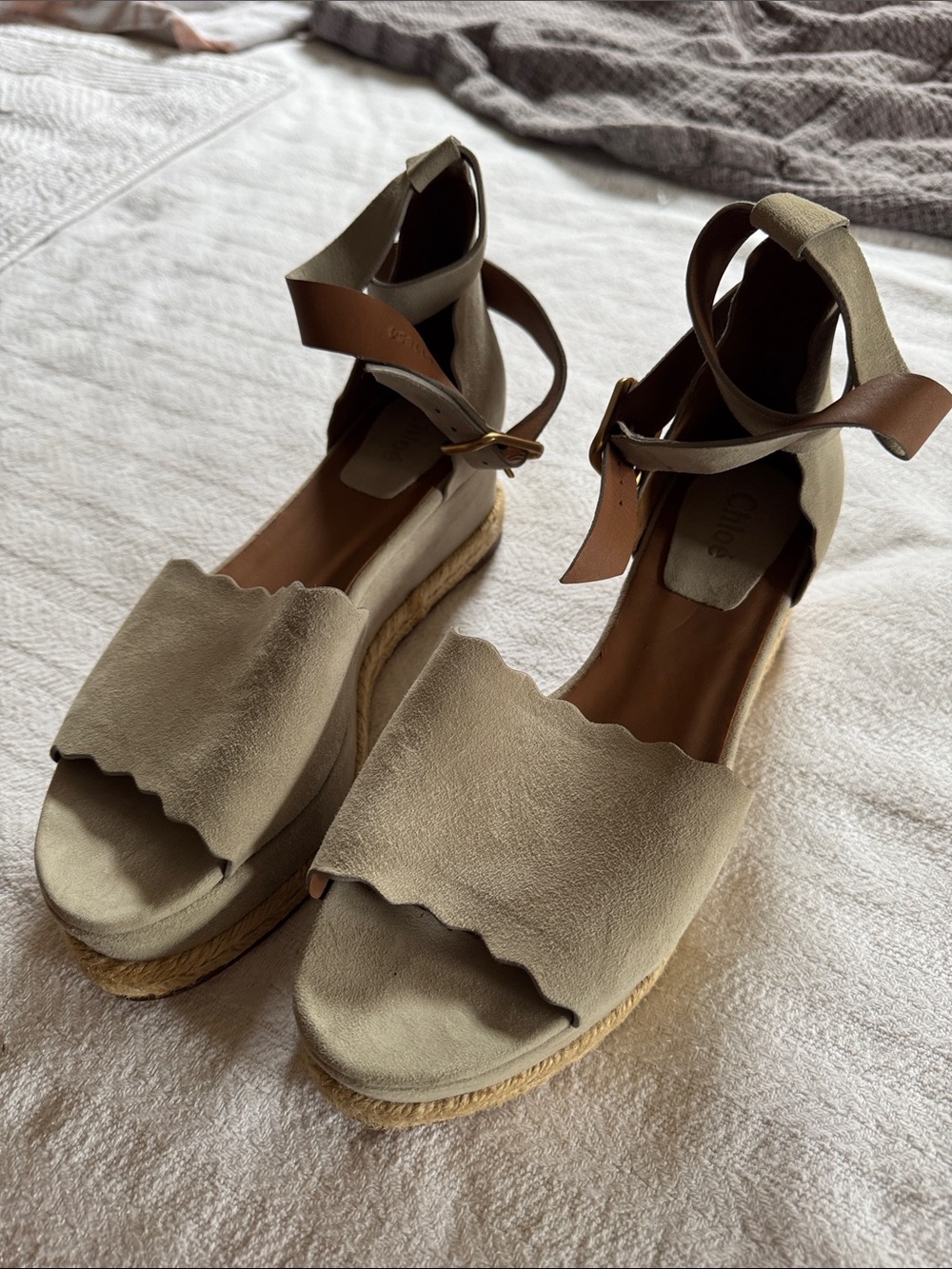Chloe grey Suede Scallop Espadrille Wedge Sandals
